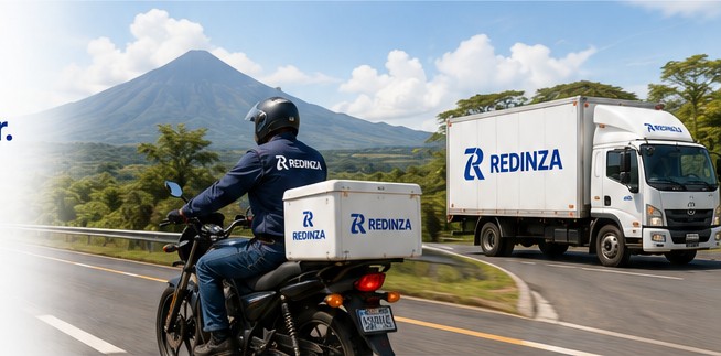 Motorizado y camión REDINZA en ruta de cobertura